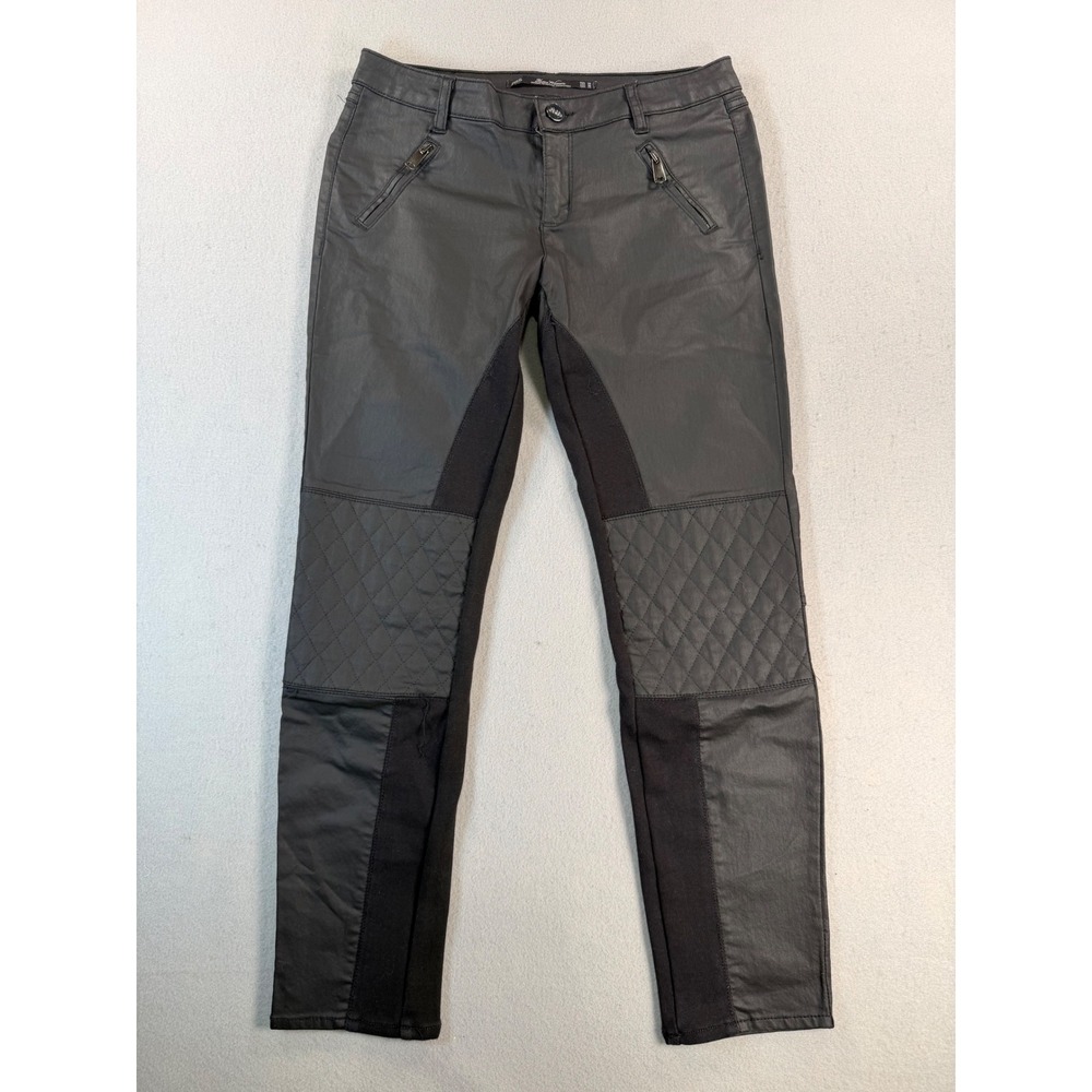 Zara Woman Premium Denim Black Coated Moto Pants Quilted Knee Slim Fit Size 6